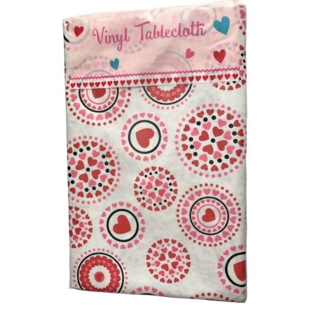 Valentines Day Vinyl Tablecloth Flannel Backed Hearts Love XOX Pink Red 52x90